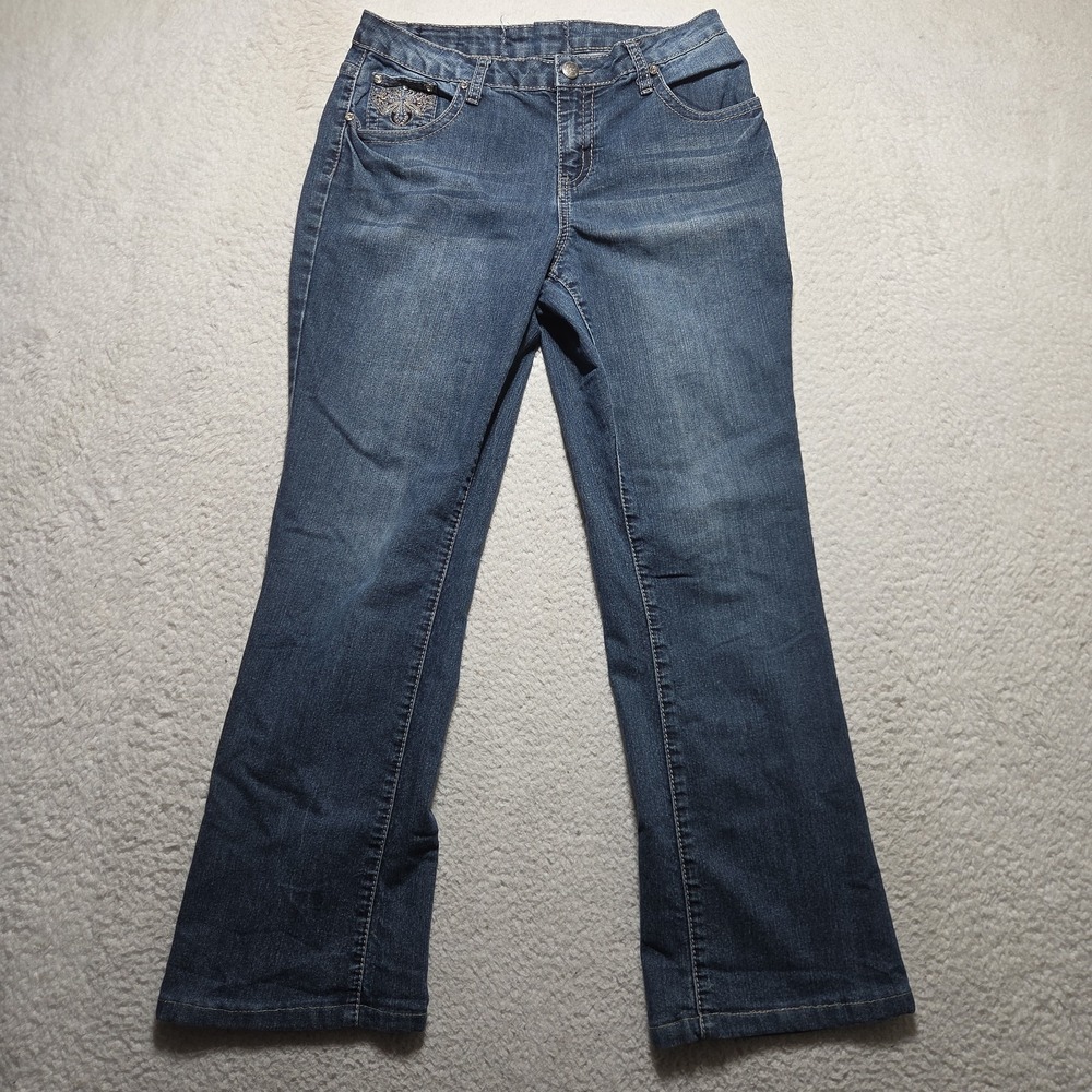 Earl Jeans Womens 30x29 Blue Stretch Denim Thick Stitch Flap Pockets Rhinestone